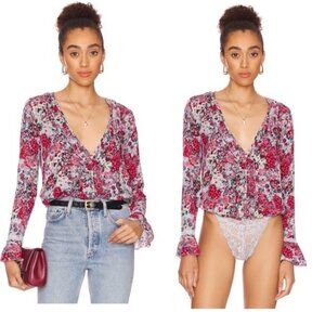 NWT Free People Heat Wave Bodysuit Rose Garden Floral Size XS Long bell sleeve